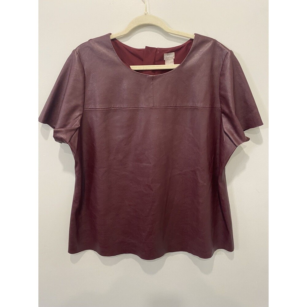 Chico's Burgundy Red Vegan Leather Blouse Sz 16/18  Short Sleeve Holiday Party
